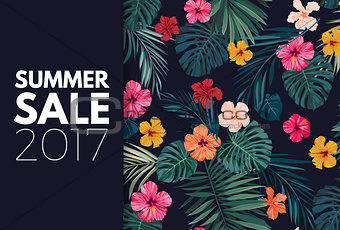 Summer colorful hawaiian vector flyer design with tropical palm leaves and hibiscus flowers