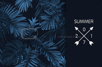 Blue indigo summer tropical hawaiian background with palm tree leaves and exotic flowers. Vector design for banner or advertisment.