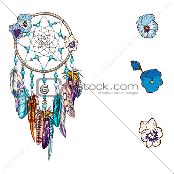 Hand drawn ornate Dreamcatcher with blue wild flowers Astrology, spirituality, magic symbol. Ethnic tribal element.