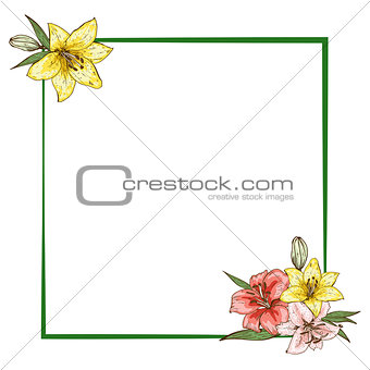 Colorfull lily flowers in frame isolated on white background. Ready template for your design. Vector illustration.