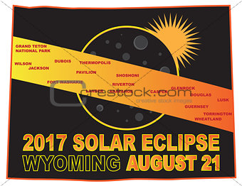 2017 Solar Eclipse Across Wyoming Cities Map Illustration