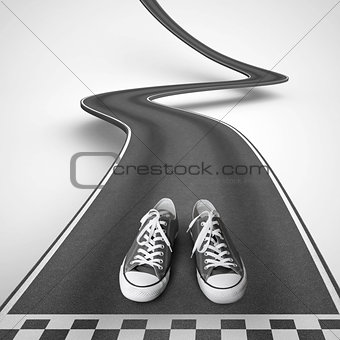 Shoes ready to start along a winding road. 3D Rendering