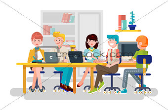 Vector illustration business people men women employees colleagues sit negotiating conference planning table teamwork brainstorm presentation leader boss meeting assembly collection flat style