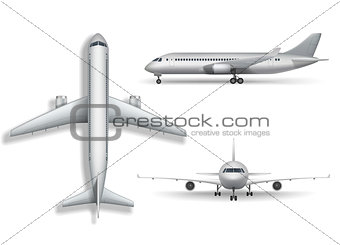 Silver realistic airplane mock up isolated. Aircraft, airliner 3d illustration on white background. Set of air plane from front, side and top view. Vector illustration.