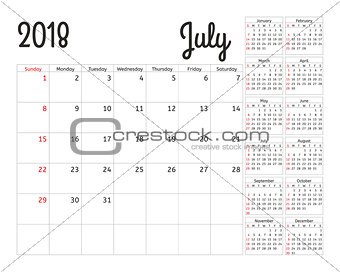 Simple calendar planner for 2018 year. Vector design July template. Set of 12 months. Week starts sunday. Calendar planning week.