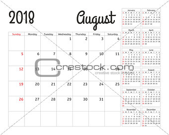 Simple calendar planner for 2018 year. Vector design August template. Set of 12 months. Week starts sunday. Calendar planning week.
