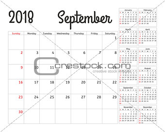 Simple calendar planner for 2018 year. Vector design September template. Set of 12 months. Week starts sunday. Calendar planning week.