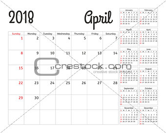 Simple calendar planner for 2018 year. Vector design April template. Set of 12 months. Week starts sunday. Calendar planning week.