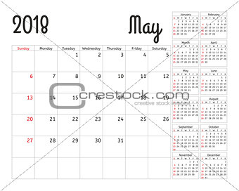 Simple calendar planner for 2018 year. Vector design May template. Set of 12 months. Week starts sunday. Calendar planning week.