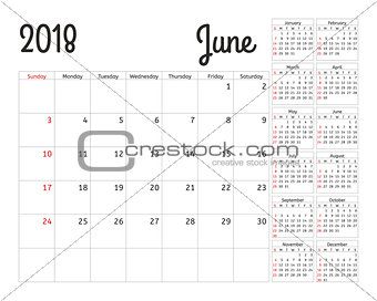 Simple calendar planner for 2018 year. Vector design June template. Set of 12 months. Week starts sunday. Calendar planning week.