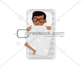 Boy sleeping in bed. Modern style vector illustration isolated on white background.