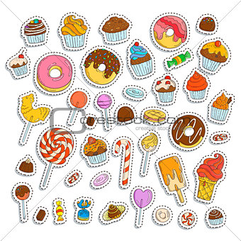 Doodle sweets set. Ice cream, donuts, cupcakes, chocolate, candies.