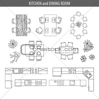 Set of linear icons for Interior top view plans
