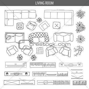 Set of linear icons for Interior top view plans