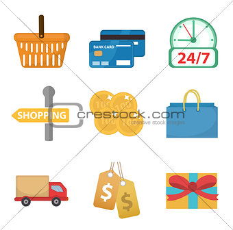 Shopping icon set, flat style. Shop icons collection isolated on white background. Store objects and items. Vector illustration, clip-art.