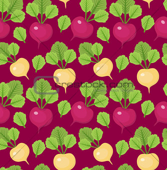 Radish seamless pattern. Red and white radishes endless background, texture. Vegetable background. Vector illustration.