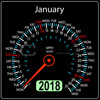 Year 2018 calendar speedometer car in concept. January
