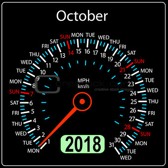 Year 2018 calendar speedometer car in concept October