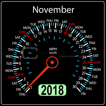 Year 2018 calendar speedometer car in concept November