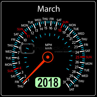 Year 2018 calendar speedometer car in concept. March