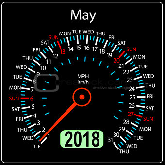 Year 2018 calendar speedometer car in concept. May