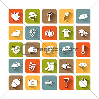 Autumn icon set on colored squares with shade