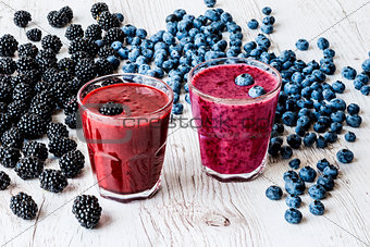 healthy drinks. smoothies with blackberry and blueberry with ingredients.