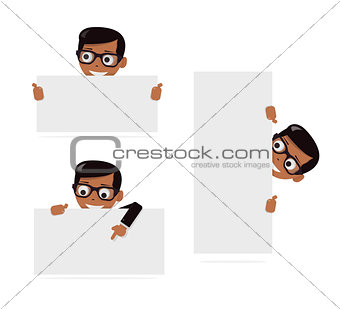 Set cartoon boy and blank paper for web site, user interface, mobile app. Peeking from top side of a white copy space.