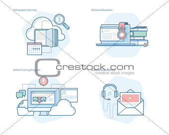 Set of concept line icons for distance education, audio and video library, online training and courses, self-paced e-learning