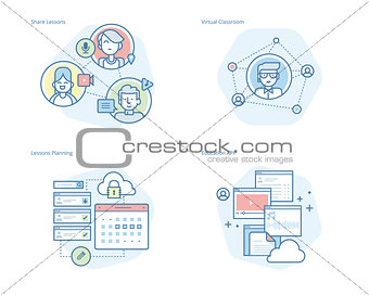 Set of concept line icons for online education, apps, virtual classroom, education network, lecture program for teachers