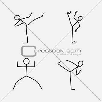 Stick figure men doing karate