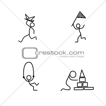 Cartoon icons set of sketch little people in cute miniature scenes.