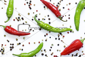 Food background, red and green chili pepper on white background