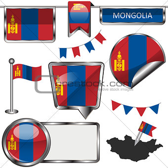 Glossy icons with flag of Mongolia