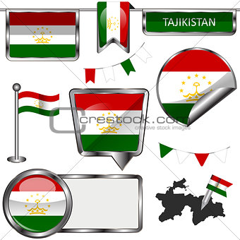 Glossy icons with flag of Tajikistan