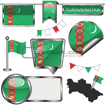 Glossy icons with flag of Turkmenistan
