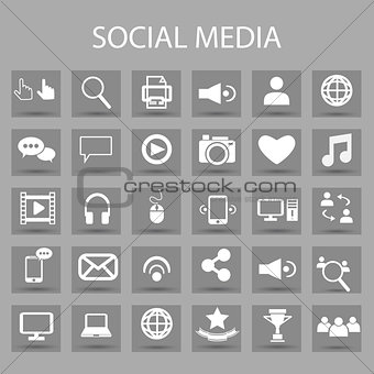 Vector flat icons set and graphic design elements. Illustration with social media, digital technology outline symbols.