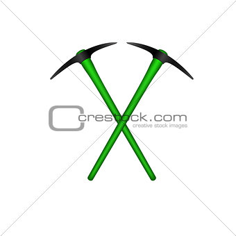 Two crossed mattocks in black design with green handle