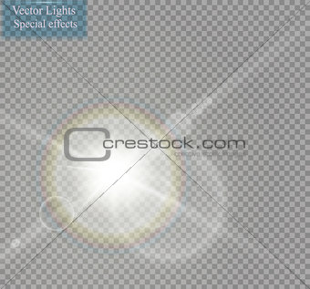 Vector transparent sunlight special lens flare light effect. Sun flash with rays and spotlight