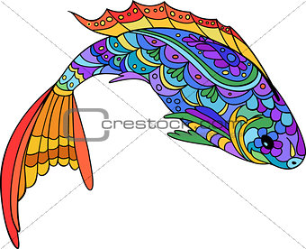 Hand drawn stylized sea fish, zen-doodle style art. Catoon animal for coloring book page. Isolated colorful fish.