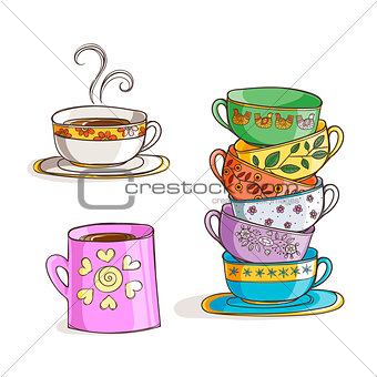 Set of cups and mug. Vector illustration.