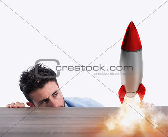 Startup of a new company with starting rocket. Concept of new business
