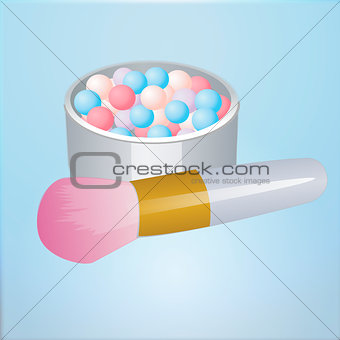 Realistic mockup open bronzing pearls box with makeup brush applicator. Vector illustration.