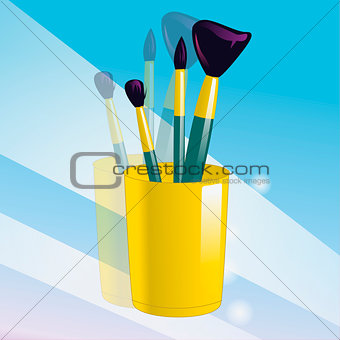 Realistic mockup glass and makeup brushes. Vector illustration.