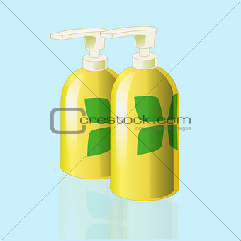 Realistic mockup cosmetic bottle with print, container. Dispenser for cream, soups, foams and other cosmetics. Vector illustration.