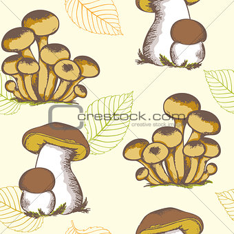 Forest mushrooms and falling leaves