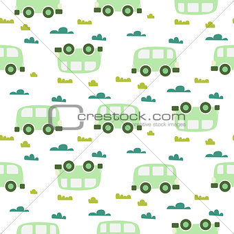 Car cute baby vector green scandinavian seamless pattern.