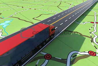 Fast truck in a highway. GPS tracking of shipment. 3D Rendering.