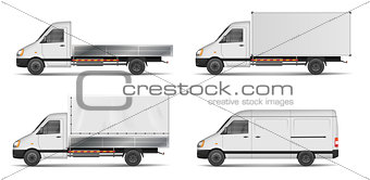 Set of realistic white cargo vehicles. vector illustration with heavy truck, trailer, lorry, Mini bus, delivery van isolated. Side view mockup.