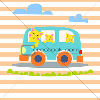 Cat family in hipster van vector illustration for kid apparel.
